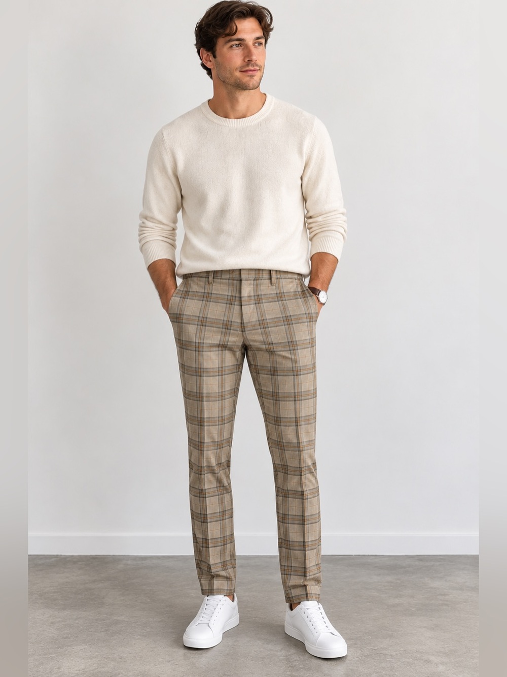 H&M Men’s Plaid Pants 30 Slim Fit Tan Cream Tailored Preppy Trousers